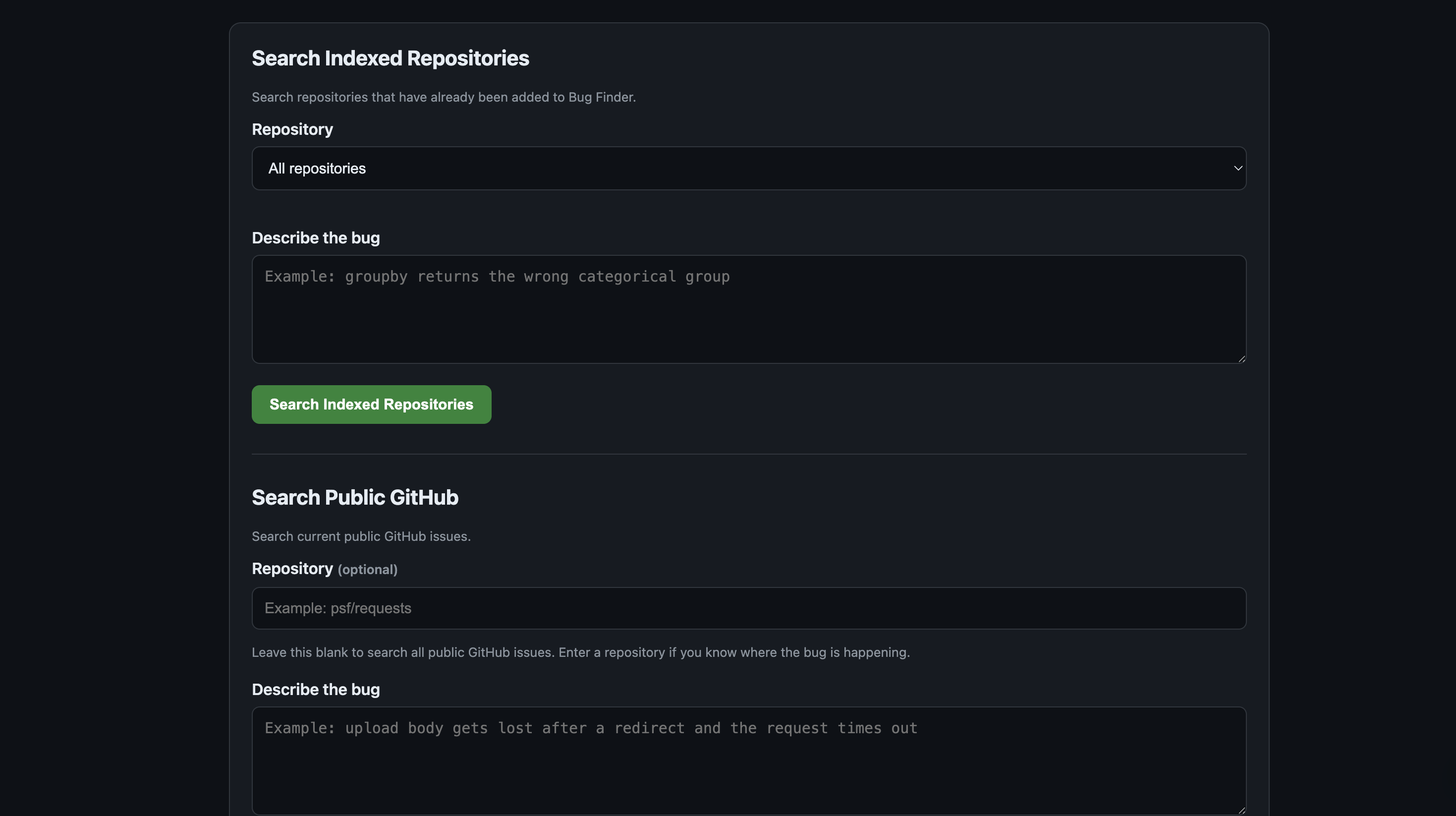 GitHub Bug Finder search screen
